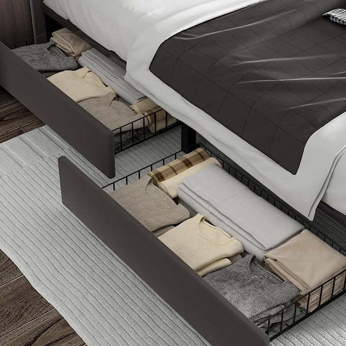 VECELO Queen Upholstered Platform Bed Frame with 4 Storage Drawers,Velvet Vintage Queen Bed with Nailhead Trim,Tufted Height Adjustable Headboard,Wooden Slats/No Box Spring Needed/Easy Assembly