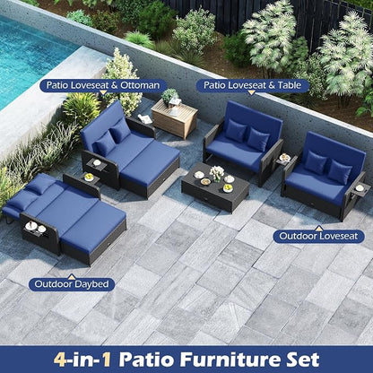Tangkula Patio Rattan Daybed with 4-Level Adjustable Backrest, Outdoor PE Wicker Loveseat with Storage Ottoman & Folding Side Tray, Double Sunbed Lounger for Balcony, Backyard & Poolside (Navy)