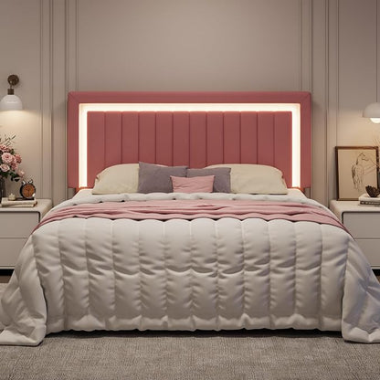 SHA CERLIN King Size Velvet Bed Frame with LED Light, Adjustable Vertical Channel Tufted Headboard, Strong Wooden Slats Support, Noise-Free, No Box Spring Needed, Pink