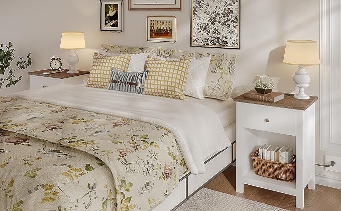 ChooChoo Farmhouse Nightstand Set of 2,Night Stand with Charging Station, Wooden Top Bedside End Table with Drawer and Storage Space for Bedroom, White