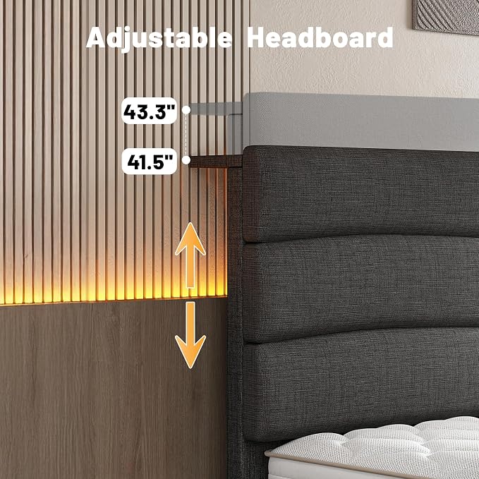 EnHomee Twin Size Bed Frame with Upholstered Headboard,Charging Station,No Box Spring Needed,Easy Assembly,Noise-Free,for Boys,Teens,Grey