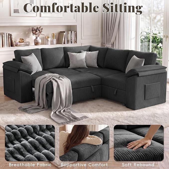 85 Inch Modular Sectional Sofa with Pull Out Couch Bed, L Shaped 5 Seat Sectional Couch with Storage, Corduroy Sectional Couches for Living Room, Cloud Modular Couch, Removable Sofa Cover, Dark Grey