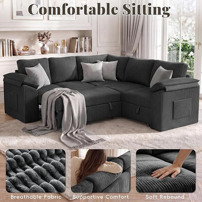 85 Inch Modular Sectional Sofa with Pull Out Couch Bed, L Shaped 5 Seat Sectional Couch with Storage, Corduroy Sectional Couches for Living Room, Cloud Modular Couch, Removable Sofa Cover, Dark Grey