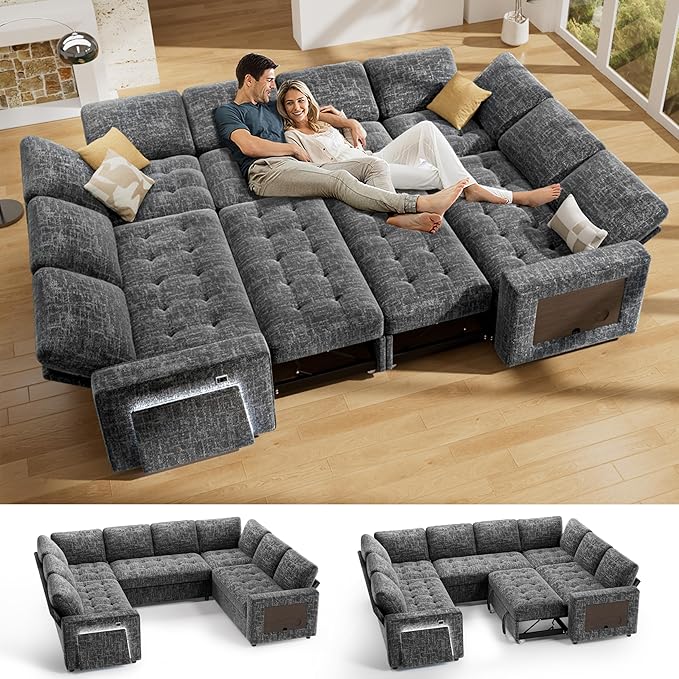 Vipbear 8 Seat U Shaped Modular Sectional Sleeper Sofa with Pull Out Bed/Reclining Backrest/USB Ports/Table/LED Light/Storage Seat, Sectional Sleeper Couch, Tool-Free Assembly, Chenille Dark Grey