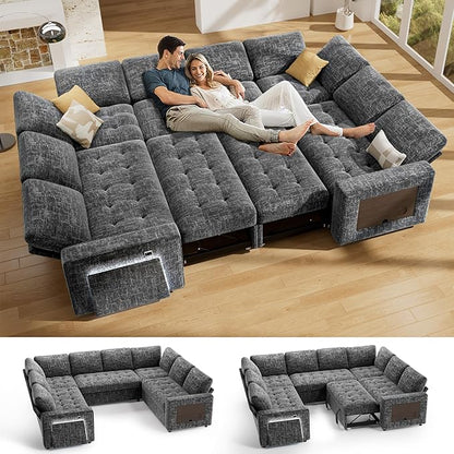 Vipbear 8 Seat U Shaped Modular Sectional Sleeper Sofa with Pull Out Bed/Reclining Backrest/USB Ports/Table/LED Light/Storage Seat, Sectional Sleeper Couch, Tool-Free Assembly, Chenille Dark Grey