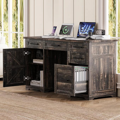 LUMISOL 55” Farmhouse Executive Desk with Charging Station and Power Outlet, Computer Desk with 5 Drawers and Cabinet, Rustic Wood Writing Study Table with File Drawer, Rustic Grey