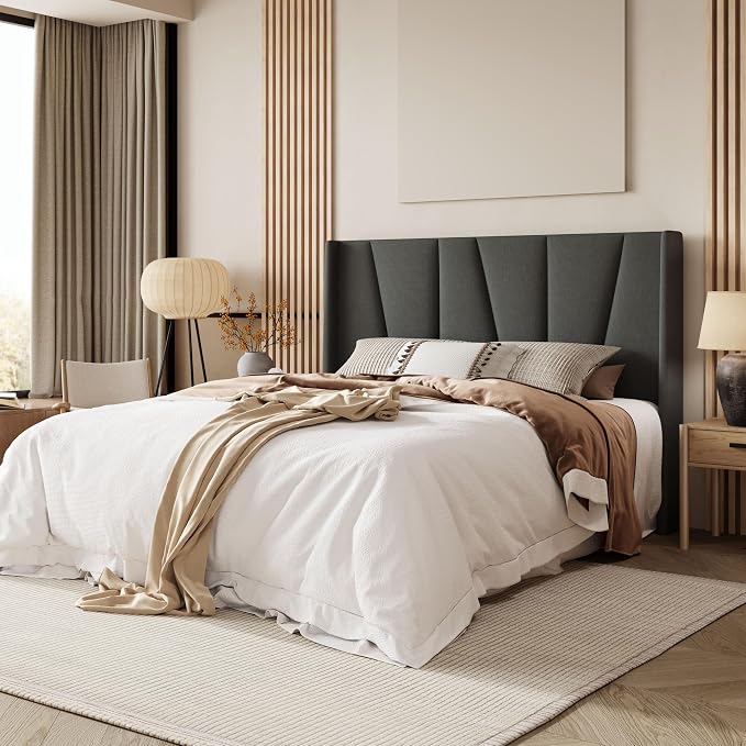 Allewie Queen Size Platform Bed Frame with Geometric Wingback Headboard, Boho Upholstered Bed with Wooden Slats Support, No Box Spring Needed, Easy Assembly, Dark Grey