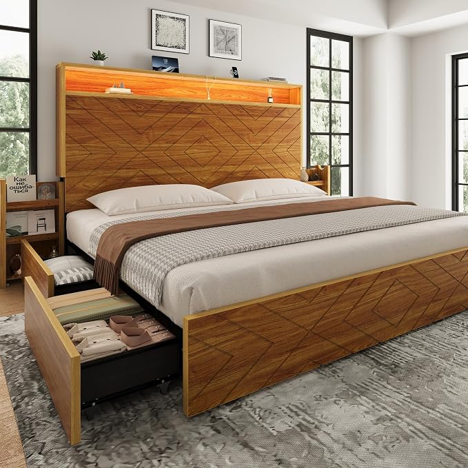 Queen Size Bed Frame with 2 Bedside Storage Racks & 4 Locking Drawers, 51.2" Tall Headboard with Charging Station & RGB LED Lights, Farmhouse Platform Bed Frame, No Box Spring Needed, Brown