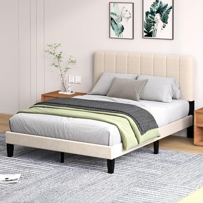Queen Size Bed Frame with Headboard, Platform Bed with Soft Velvet Upholstered Headboard | Wooden Slats Support | Adjustable Height | No Box Spring Needed, Queen Bed Frame Beige