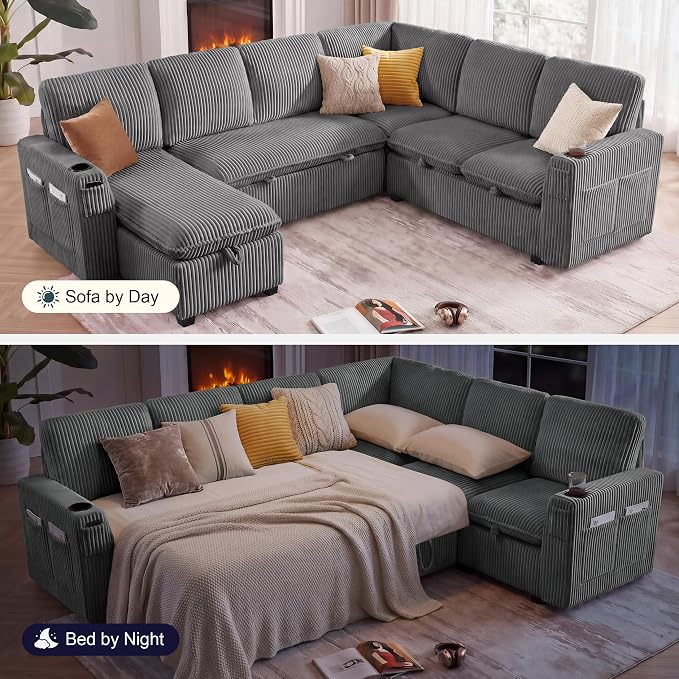 Sectional Sleeper Sofa with Pull Out Bed, Plush Corduroy 7 Seat Modular Sectional Sofa with Storage Chaise and Adjustable Backrest, Cloud Couches for Living Room, Apartment, Smoke Grey