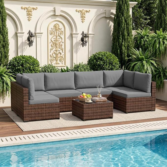 LHBcraft 7 Pieces Outdoor Wicker Rattan Patio Furniture with Rain Cover, Wicker Rattan Outdoor Sectional Sofa Set with Coffee Table & Gery Cushions for Garden, Poolside