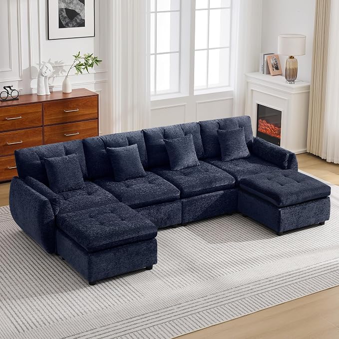 112" U Shaped Modular Sectional Cloud Sofa with 2 Ottomans, Oversized Deep Seat Tufted Chenille 6-Seater Couch with Curved Arms, Upholstered Sofas for Living Room, Blue