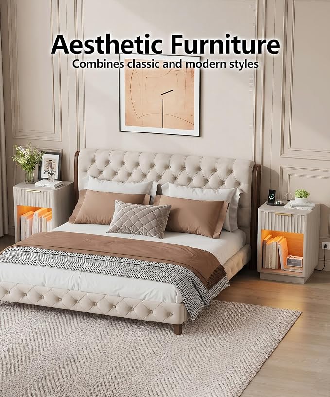 Akxomel Fluted Nightstands Set of 2, Wooden Night Stand with Charging Station and LED Light, Modern Mid Century Bed Side End Table with Drawer, 15" D x 15.7" W x 22.6" H, for Bedroom, White Alder