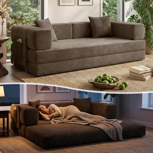 78.8" Convertible Sofa Bed with Armrest Pillow, 4-in-1 Sleeper Couch Bed for Livingroom, Modular Corduroy Boneless couches, No Assembly (Brown)