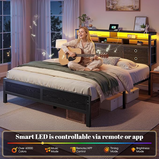 Homkdom Queen Bed Frame with 3-Tier Storage Headboard and 4 Fabric Drawers, LED Light & Charging Station, Noise-Free Metal Platform, No Box Spring Needed, Easy Assembly, Black