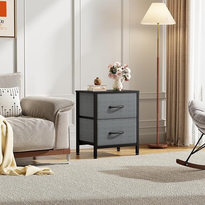 Sweetcrispy Nightstand Set of 2 with 2 Storage Drawers, Small Bedside Table | 20" Height End Table, Bedroom Furniture, Wooden Top Fabric Cabinet, Closet, Entryway, Gray 2PC