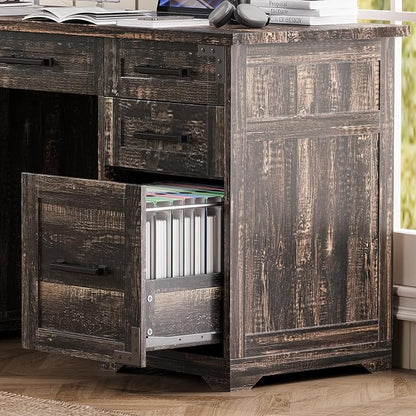 LUMISOL 55” Farmhouse Executive Desk with Charging Station and Power Outlet, Computer Desk with 5 Drawers and Cabinet, Rustic Wood Writing Study Table with File Drawer, Rustic Grey