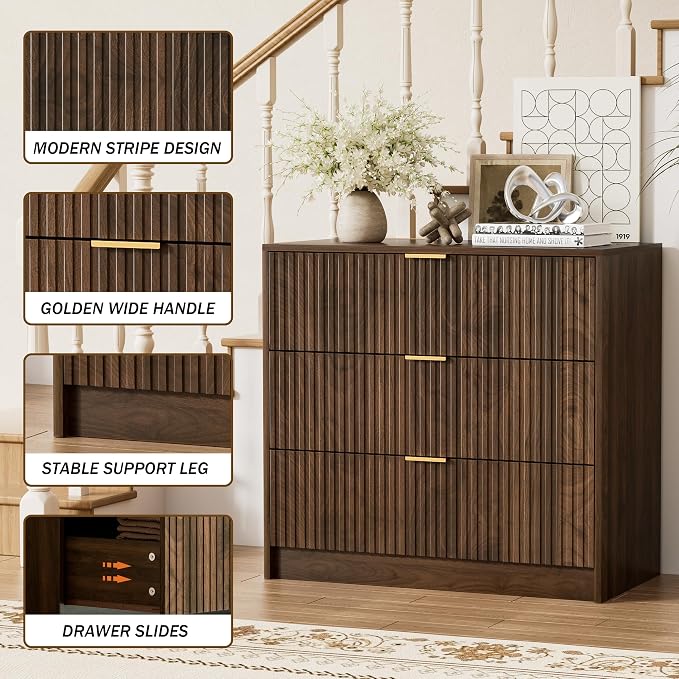 Furniway Walnut Dresser for Bedroom, Modern Dresser with 3 Drawers and Smooth Slides, Wide Chest of Drawers with Golden Handles for Bedroom, Living Room, Closet, 15.7" D x 31.5" W x 29.6" H
