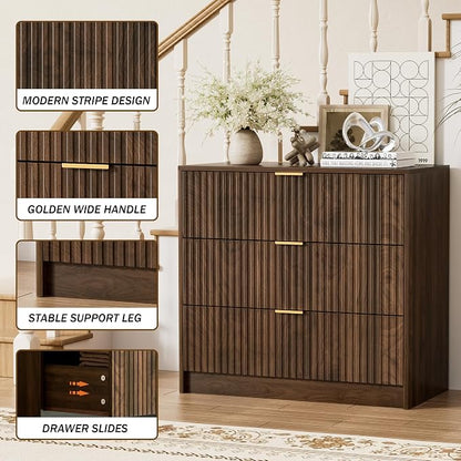 Furniway Walnut Dresser for Bedroom, Modern Dresser with 3 Drawers and Smooth Slides, Wide Chest of Drawers with Golden Handles for Bedroom, Living Room, Closet, 15.7" D x 31.5" W x 29.6" H