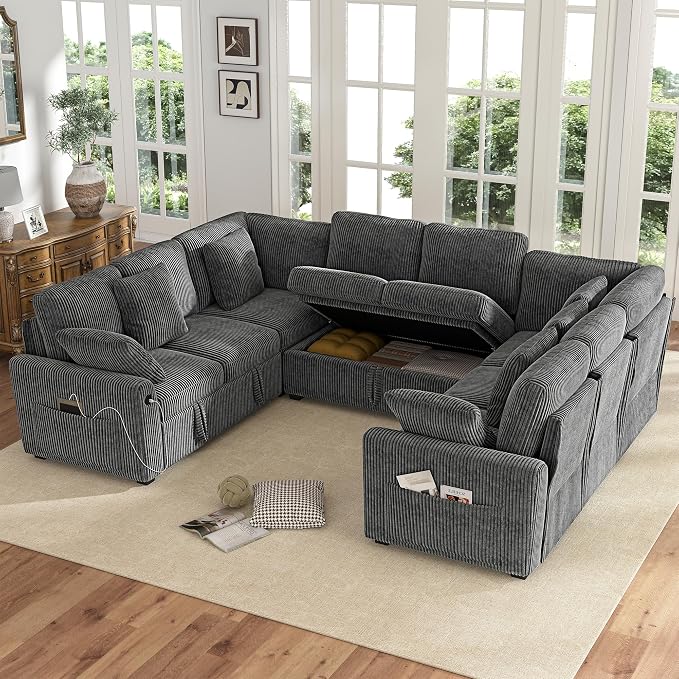 Hanherry Sectional Sofa with Pull Out Couch Bed,8 Seat Corduroy Sleeper Sofa with 2 Seat Storage & USB Charging,Comfy Modular Couches for Living Room,Apartment