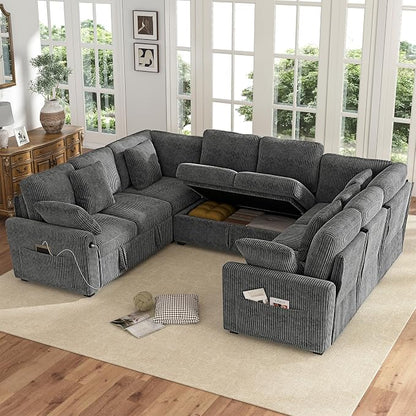 Hanherry Sectional Sofa with Pull Out Couch Bed,8 Seat Corduroy Sleeper Sofa with 2 Seat Storage & USB Charging,Comfy Modular Couches for Living Room,Apartment