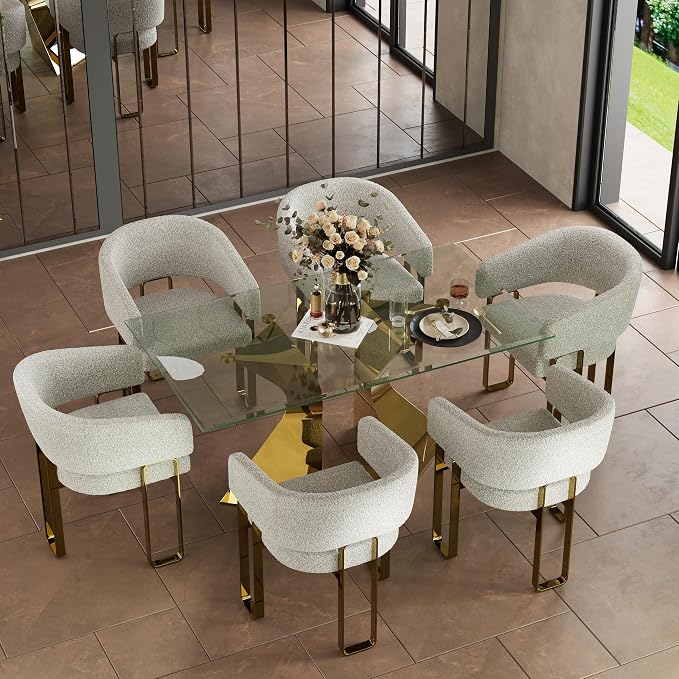 Boucle Dining Chairs Set of 7, White Barrel Dining Chairs with Arms and U-Shaped Mirrored Gold Legs, Modern Side Chairs for Dining Table, Kitchen and Dining Room Restaurant Recepition