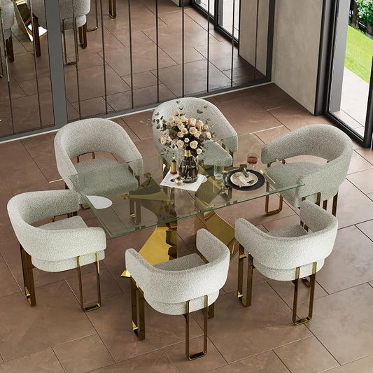 Boucle Dining Chairs Set of 7, White Barrel Dining Chairs with Arms and U-Shaped Mirrored Gold Legs, Modern Side Chairs for Dining Table, Kitchen and Dining Room Restaurant Recepition