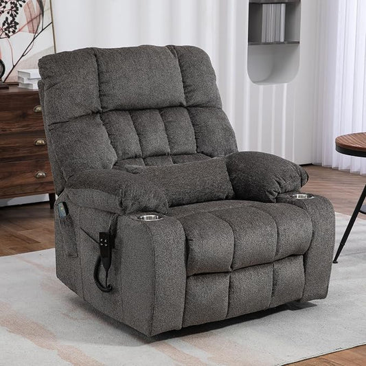JIKFRIMA Power Lift Recliner Chair for Elderly, Dual Motor Lift Chair with Heat and Massage, Lay Flat Lift Chair for Adults, Cup Holders, Lumbar Pillow, Chenille,Dark Grey