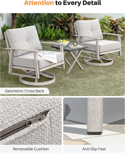 Outdoor Swivel Sofa Chairs Set of 2, Never Rusts All-Aluminum Outdoor Swivel Armchairs Set with Thick Cushions, 2-Piece All Weather Patio Sofa Chairs for Garden, Poolside, Lawn, White Oak