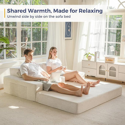 MAXYOYO Loveseat Sofa Bed, 64" Foldable Floor Sofa Couch in A Box with 2 Cup Holders, 4 in 1 Convertible Boneless Couch Folding Recliner Chair for Living Room, No Assembly Required, Beige