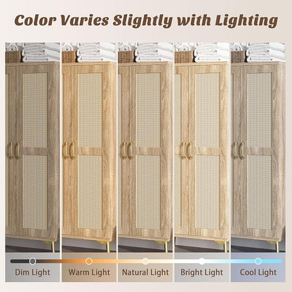 JASIWAY Tall Bathroom Storage Cabinet 57" Rattan Pantry Cabinet, Wood | With Doors and Adjustable Shelves, Freestanding Linen Closet & Wardrobe for Bathroom Laundry Bedroom, Anti-Tipping Device