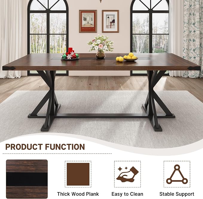 Hlivelood Dining Table for 6 8 People,Rectangular Kitchen Farmhouse Table W/Waterproof Wood Tabletop,Long Dining Room Tables W/Wood Strip Base for Kitchen Living Room(78IN BR&BK)