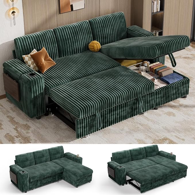 Vipbear 86" Modular Sectional Sleeper Sofa with Pull Out Bed, 3 Seat Plush Corduroy L Shaped Couch with Storage Chaise|USB Ports|Cup Holders|Side Table|Storage Armrests, Tool Free Assembly, Green