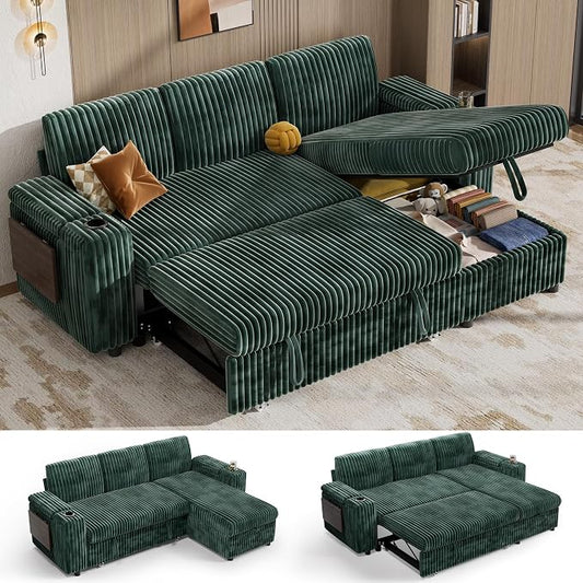 Vipbear 86" Modular Sectional Sleeper Sofa with Pull Out Bed, 3 Seat Plush Corduroy L Shaped Couch with Storage Chaise|USB Ports|Cup Holders|Side Table|Storage Armrests, Tool Free Assembly, Green