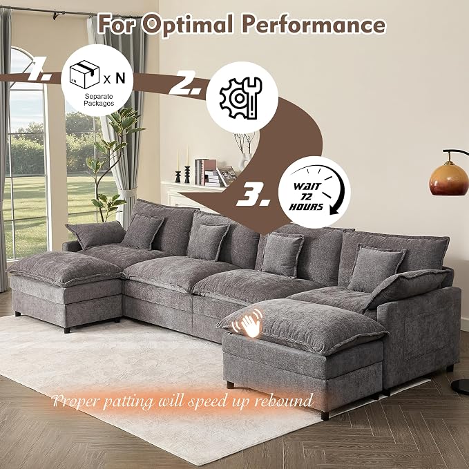 GOSUHI 142.5" U-Shaped Modular Cloud Couch, Deep Seat, Chenille Slate | Cloud Comfort, Couches for Living Room, Removable & Machine-Washable Covers, Movable Ottoman, Modular Sectional Sofa