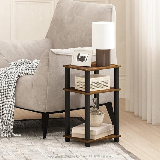 Furinno JUST Side Table, 3-Tier Open Shelf End Table, Toolless Assembly Night Stand, Bedside Table with Square Tube, for Living Room, Bedroom, Amber Pine