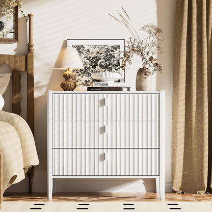 Furniway Nightstand Set of 2, Modern End Table with Solid Wood Legs, Bedside Table with 3 Drawers and Metal Handles for Bedroom, White