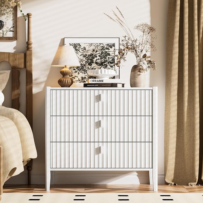 Furniway 31.5" Wide White 3 Drawer Nightstand, Modern Fluted Bedside Table with Metal Handles, Large Storage End Table for Bedroom