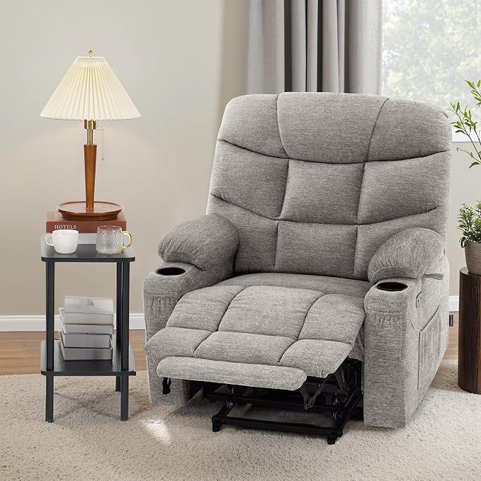 MCombo Oversized Power Lift Recliner Chair with Extended Footrest, Extra Wide for Big and Tall Elderly People, Fabric R7289 (Light Grey, Medium-Wide)