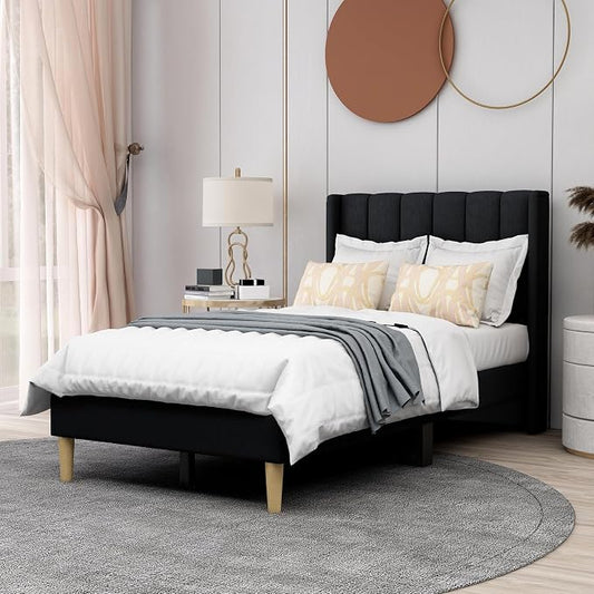 AGARTT Upholstered Platform Bed Frame Twin Size with Headboard and Footboard/Wooden Slats Support/No Box Spring Needed/Easy Assembly,Black Linen