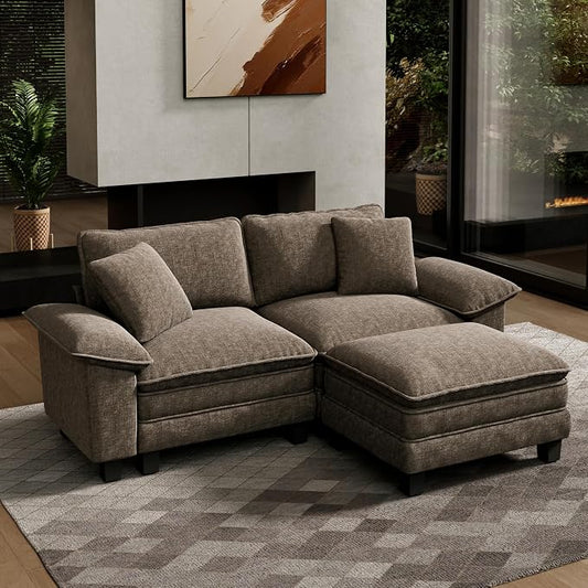 HERA'S HOUSE 88" Modular Sectional Sofa, L Shaped Couches for Living Room, Comfy Cloud Couch with Ottoman, 3-Seater Deep Seat Sofa with Throw Pillow, Chenille Ash
