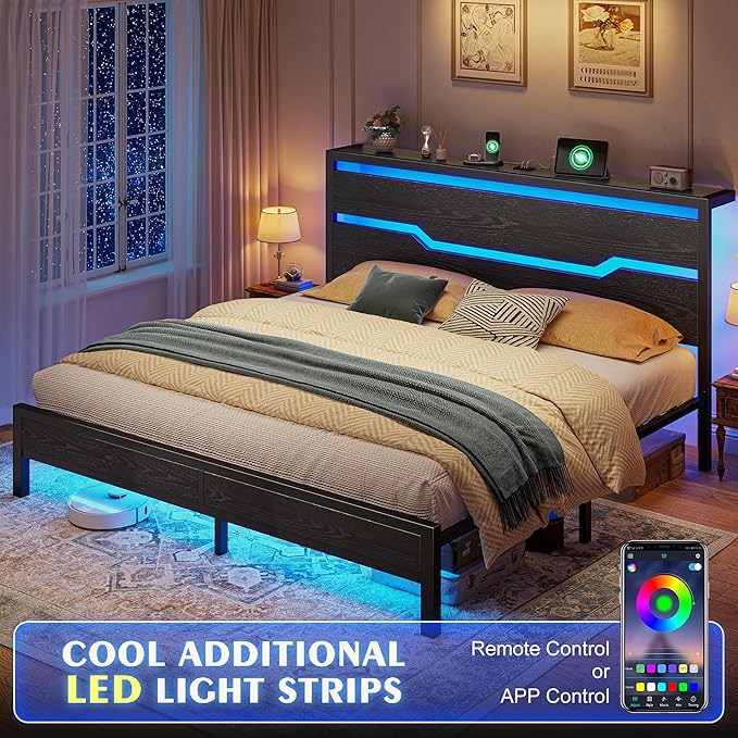 Homkdom King Size Bed Frame with USB Ports & LED Lights, Headboard Shelf, Heavy Duty Metal Platform with 10.24" Underbed Storage, Noise-Free Slats, No Box Spring Needed, Modern Black