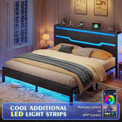 Homkdom King Size Bed Frame with USB Ports & LED Lights, Headboard Shelf, Heavy Duty Metal Platform with 10.24" Underbed Storage, Noise-Free Slats, No Box Spring Needed, Modern Black