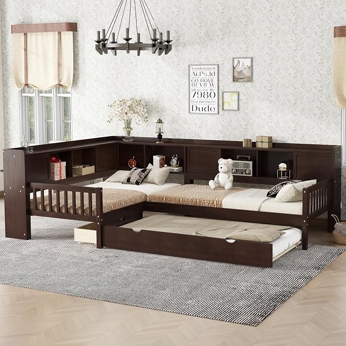 Bellemave L Shaped Corner Bed for 2 Kids, Double Twin Platform BedFrame with Trundle and Shelves, Espresso