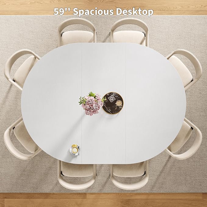 iPormis 43.3-59 Inch Extendable Round Dining Table for 6-8 People, Oval Dinner Table with Adjustable Top and A Stable Round Pedestal Base, Space Saving Wooden Kitchen and Dining Table, White