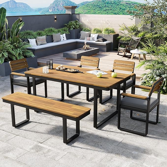 Quarte 6-Piece Outdoor Dining Set with 1 Acacia Wood Table and 4 Chairs & 1 Bench, Adjustable Feet for Patio, Garden, Backyard Family Meals BBQ Parties (Gray-AA)