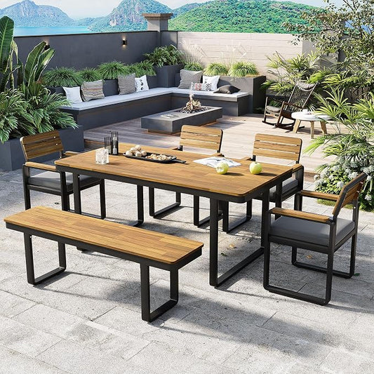 Quarte 6-Piece Outdoor Dining Set with 1 Acacia Wood Table and 4 Chairs & 1 Bench, Adjustable Feet for Patio, Garden, Backyard Family Meals BBQ Parties (Gray-AA)