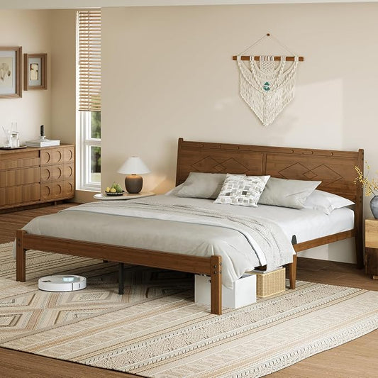 RLDVAY 14 Inch Bamboo Bed Frame King, King Size Platform Bed Frame with Headboard, Solid Bamboo Wood King Bed Frame, Mid Century/Modern/Metal Slat/Walnut/No Box Spring Needed