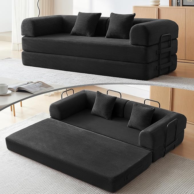 Convertible Sleeper Bed with 2 Cylindrical Pillow, Comfy Foldable Bed Compressed Sofa in Box, Floor Sofa Lounge Couch for Living Room Bedroom Lounge Studio, Tool-Free Assembly (Black)