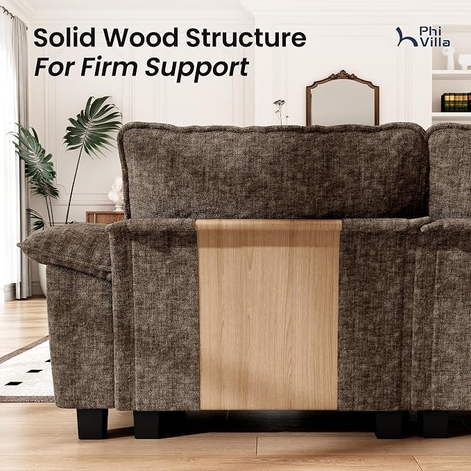 PHI VILLA Cloud Modular Couch Sets, 123.6" Sectional Sofa with L-Shaped Chaise, 4-Seater Upholstered Couches with Movable Ottoman for Living Room, Chenille Grayish Brown